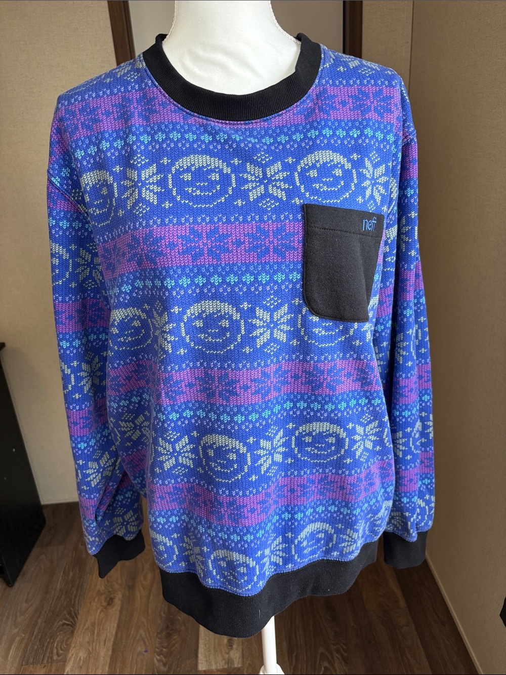 Neff Blue Fair Isle Crewneck Sweatshirt Front Pocket Streetwear Ski Medium